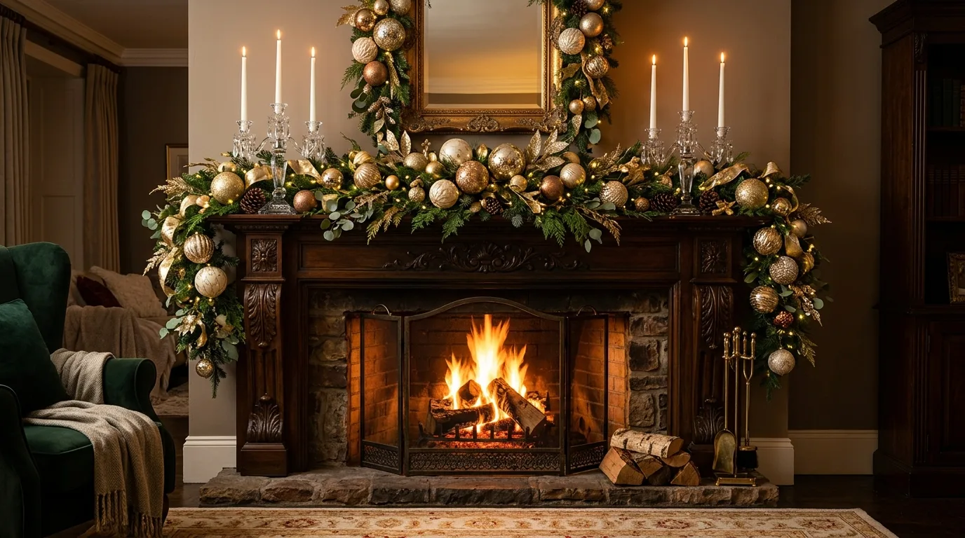Luxury Christmas mantel with gold garland and crystal candleholders.